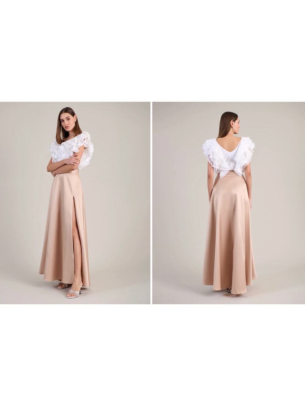 Anne Fontaine Joyce Skirt Tapioca Satin Cocktail Skirt With Zippered High Slit